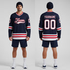 Front and back view of Custom Navy White-Red Hockey Jersey with Personalized Name and Number – Athletrio