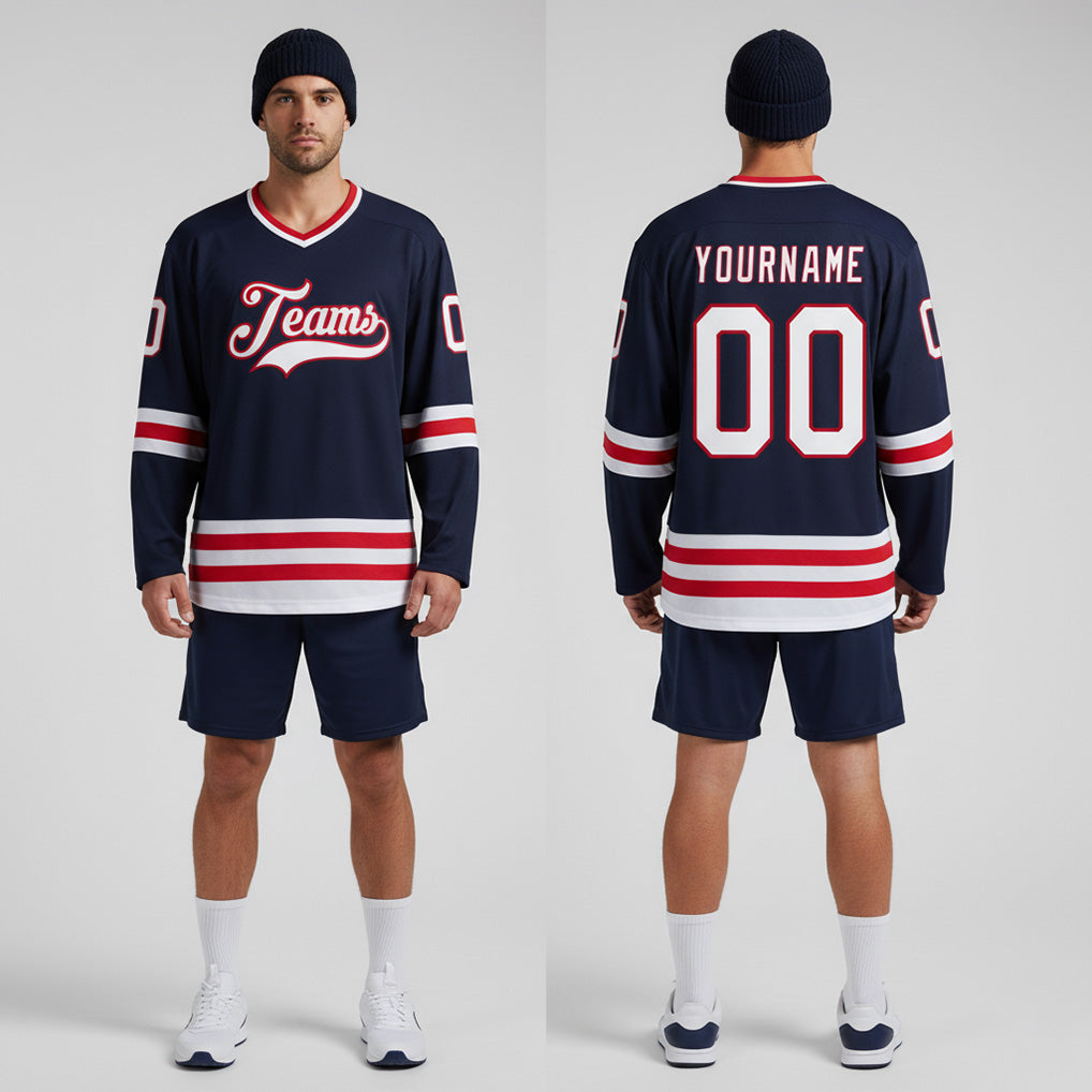 Front and back view of Custom Navy White-Red Hockey Jersey with Personalized Name and Number – Athletrio