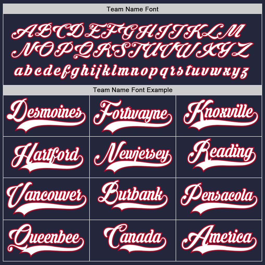 Player name and number font options for Custom Navy White-Red Hockey Jersey