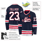 Product details of Custom Navy White-Red Hockey Jersey showing stitched logos, fabric and customization options By Athletrio