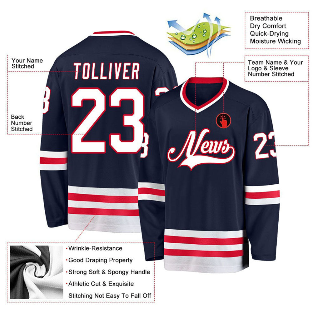 Product details of Custom Navy White-Red Hockey Jersey showing stitched logos, fabric and customization options By Athletrio