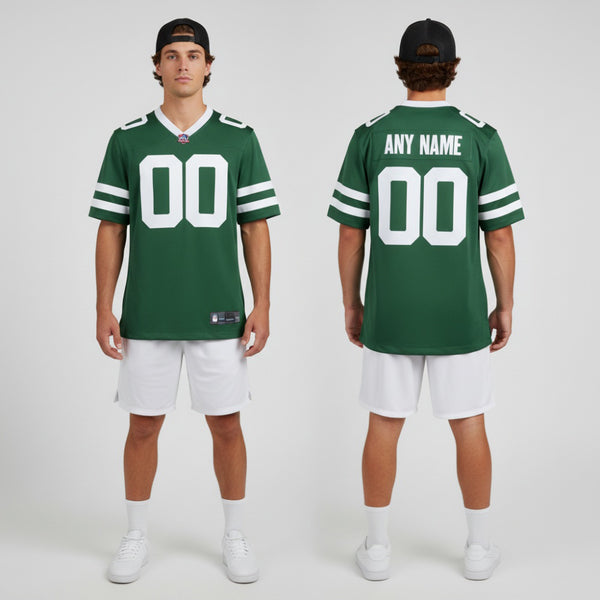 Front and back view of Custom New York Legacy Green Football Jersey with Personalized Name and Number – Athletrio