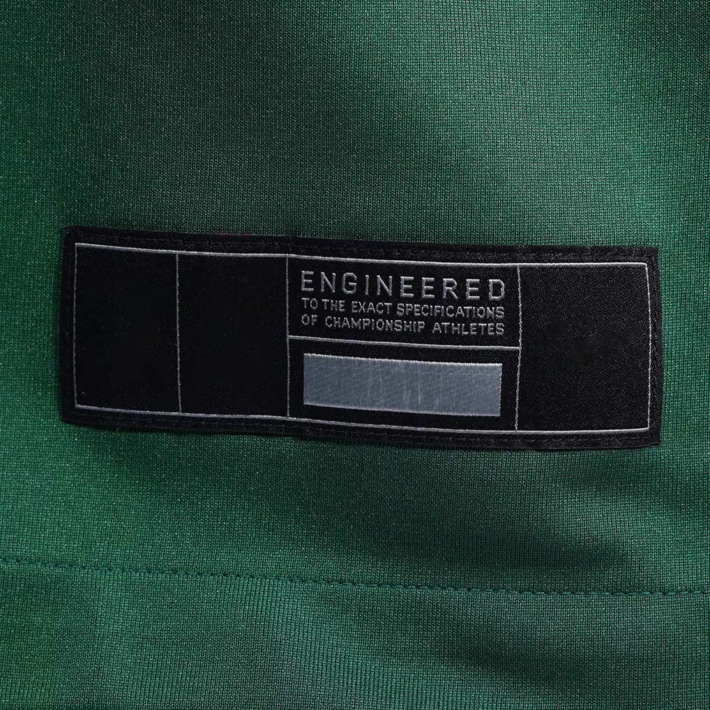 Product details tag of Custom New York Legacy Green Football Jersey showing stitched logos, fabric and customization options By Athletrio