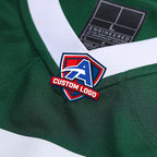 Product details v-neck of Custom New York Legacy Green Football Jersey showing stitched logos, fabric and customization options By Athletrio
