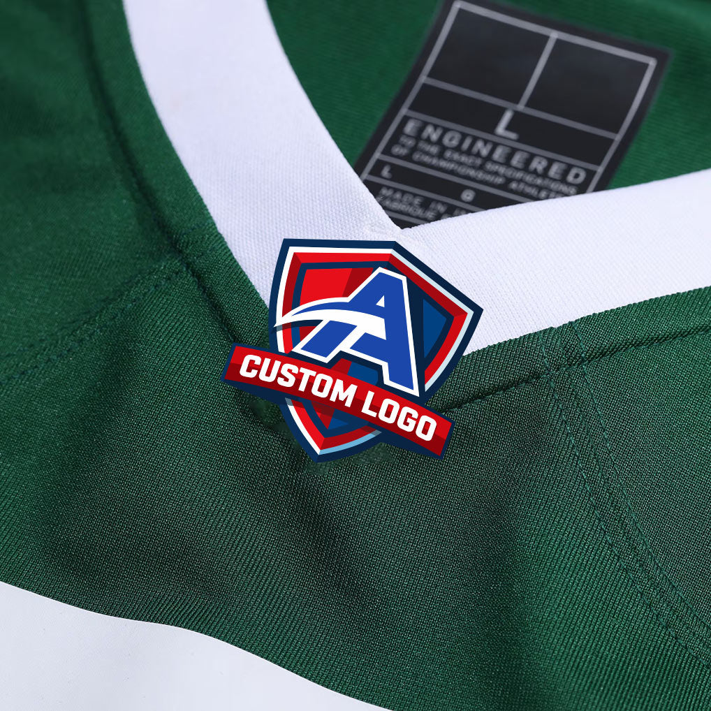 Product details v-neck of Custom New York Legacy Green Football Jersey showing stitched logos, fabric and customization options By Athletrio