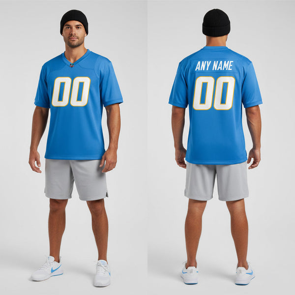 Front and back view of Custom Powder Blue Football Jersey with Personalized Name and Number – Athletrio
