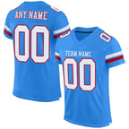 Angled view of Custom Powder Blue White-Red Mesh Football Jersey – Designed By Athletrio