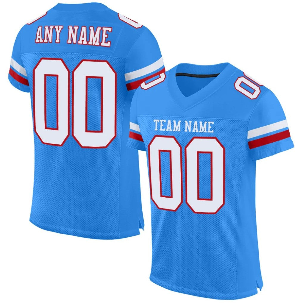 Angled view of Custom Powder Blue White-Red Mesh Football Jersey – Designed By Athletrio