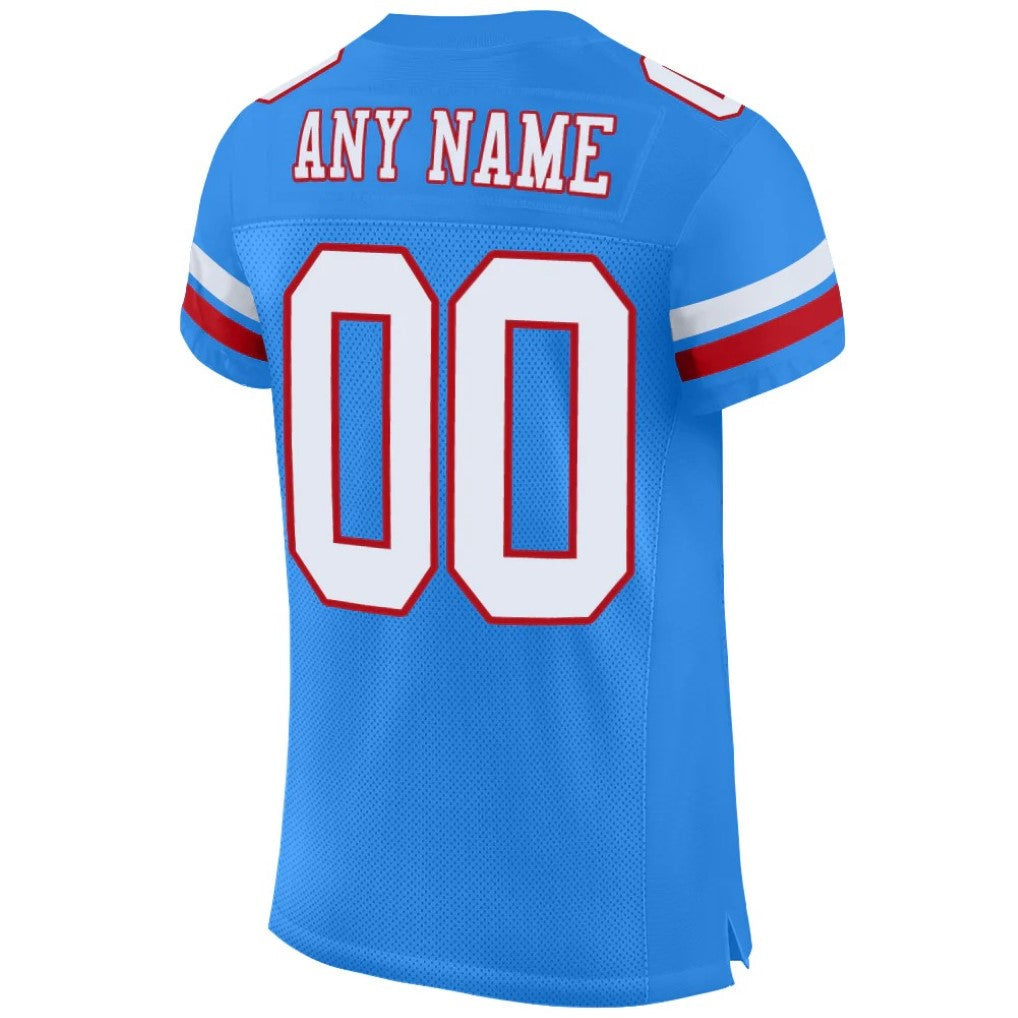 Back view of Custom Powder Blue White-Red Mesh Football Jersey with Any Name and Number By Athletrio