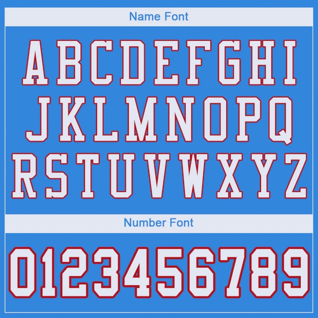 Player name and number font options for Custom Powder Blue White-Red Mesh Football Jersey