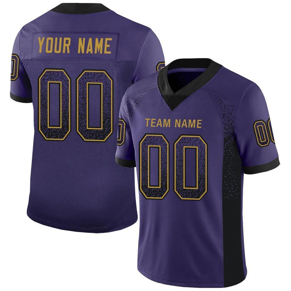 Angled view of Custom Purple Black-Gold Drift Football Jersey – Designed By Athletrio