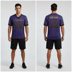 Front and back view of Custom Purple Black-Gold Drift Football Jersey with Personalized Name and Number – Athletrio