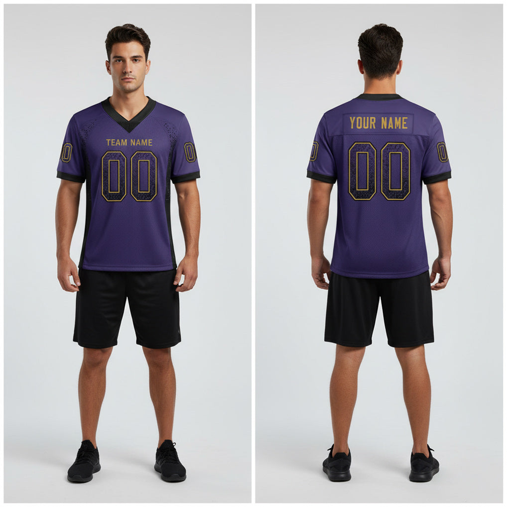 Front and back view of Custom Purple Black-Gold Drift Football Jersey with Personalized Name and Number – Athletrio