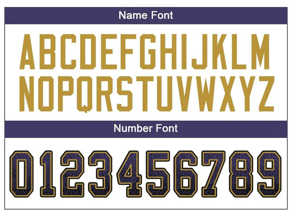 Player name and number font options for Custom Purple Black-Gold Drift Football Jersey