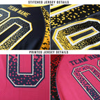 Product details stitched of Custom Purple Black-Gold Drift Football Jersey showing stitched logos, fabric and customization options By Athletrio