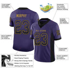 Product details of Custom Purple Black-Gold Drift Football Jersey showing stitched logos, fabric and customization options By Athletrio