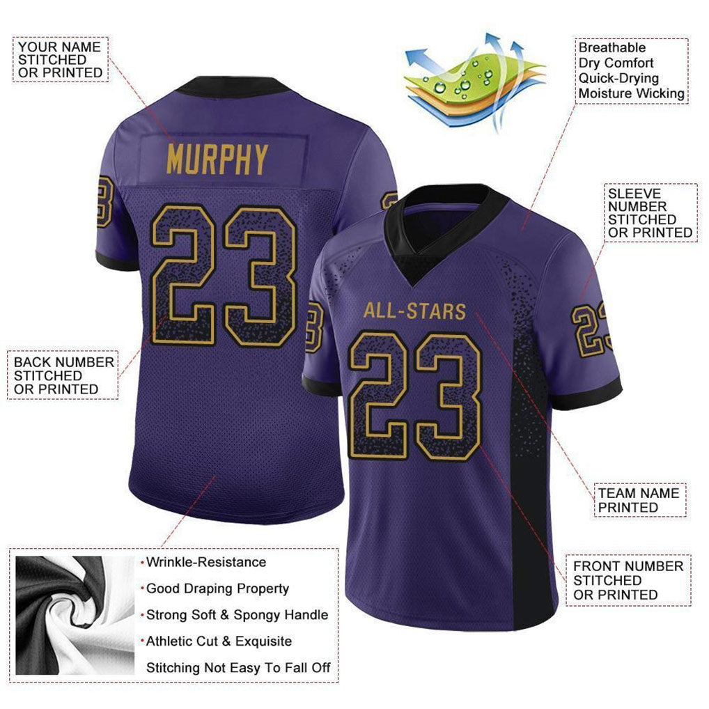 Product details of Custom Purple Black-Gold Drift Football Jersey showing stitched logos, fabric and customization options By Athletrio