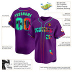 Product details of Custom Purple Green California Beach Baseball Jersey showing stitched logos, fabric and customization options By Athletrio