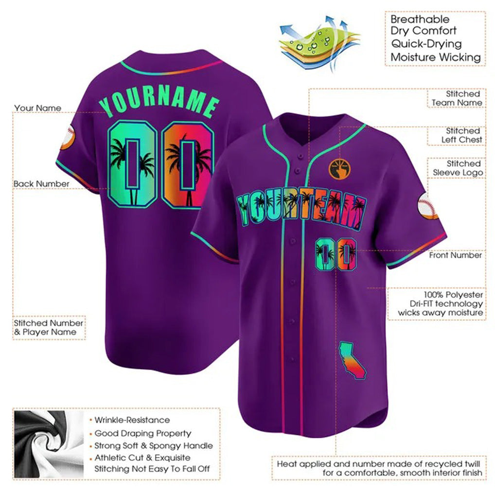 Product details of Custom Purple Green California Beach Baseball Jersey showing stitched logos, fabric and customization options By Athletrio