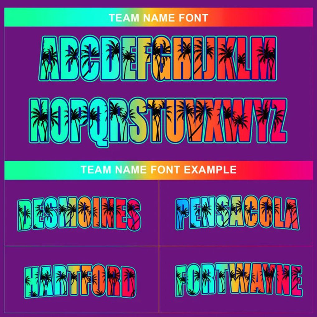 Team name font options for Custom Purple Green California Beach Baseball Jersey