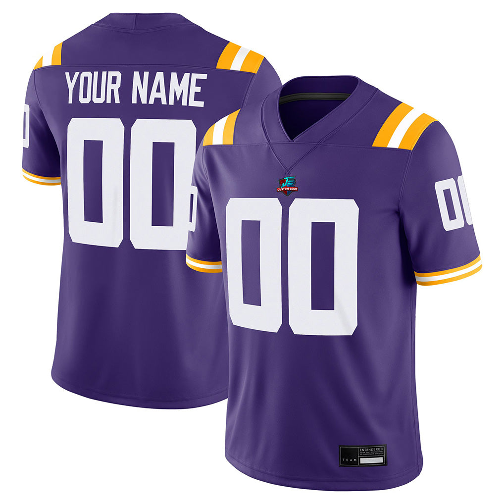 Angled view of Custom Purple-White College Football Game Jersey – Designed By Athletrio