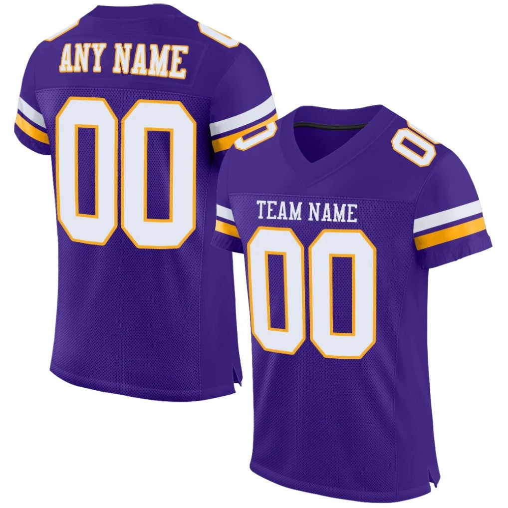 Angled view of Custom Purple White-Gold Mesh Football Jersey – Designed By Athletrio