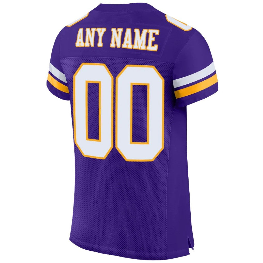 Back view of Custom Purple White-Gold Mesh Football Jersey with Any Name and Number By Athletrio