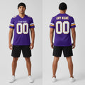 Front and back view of Custom Purple White-Gold Mesh Football Jersey with Personalized Name and Number – Athletrio