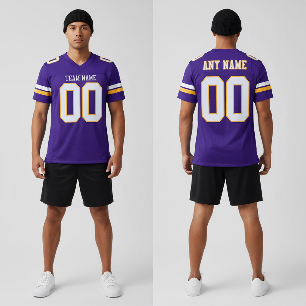 Front and back view of Custom Purple White-Gold Mesh Football Jersey with Personalized Name and Number – Athletrio