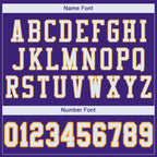 Player name and number font options for Custom Purple White-Gold Mesh Football Jersey