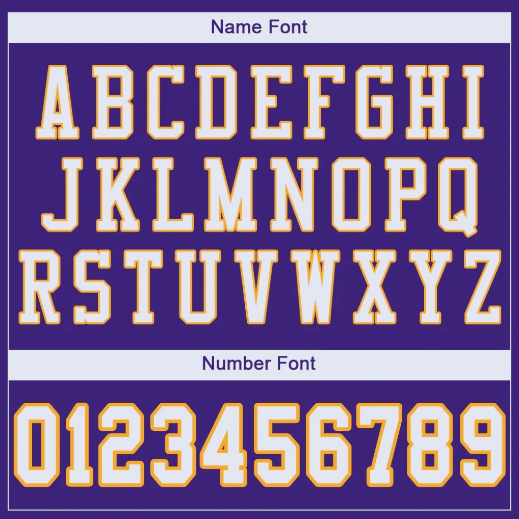 Player name and number font options for Custom Purple White-Gold Mesh Football Jersey