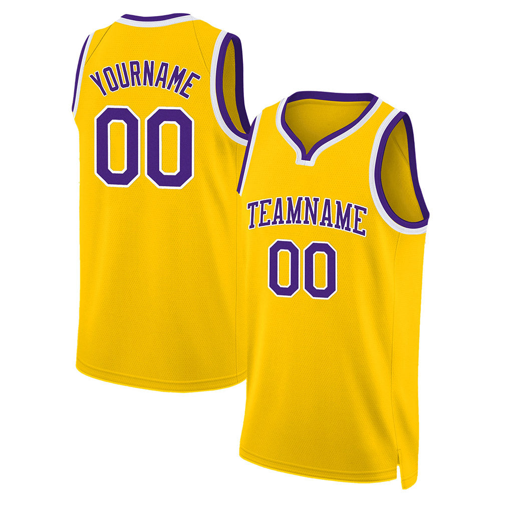 Angled view of Custom Gold Purple-White Throwback Basketball Jersey – Designed By Athletrio