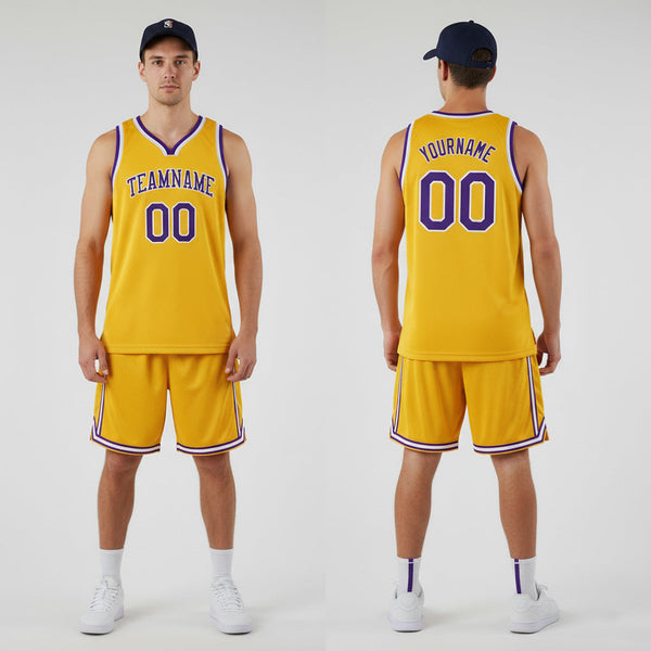 Front and back view of Custom Gold Purple-White Throwback Basketball Jersey with Personalized Name and Number – Athletrio