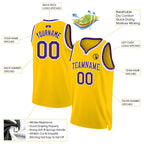 Product details of Custom Gold Purple-White Throwback Basketball Jersey showing stitched logos, fabric and customization options By Athletrio