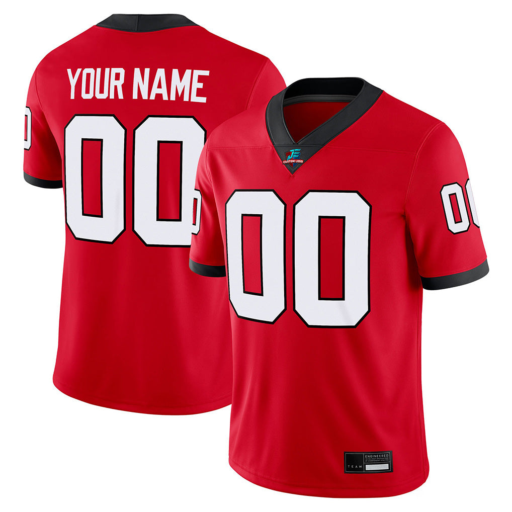 Angled view of Custom Red-Black College Football Game Jersey – Designed By Athletrio