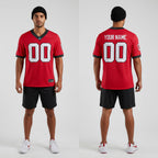 Front and back view of Custom Red-Black College Football Game Jersey with Personalized Name and Number – Athletrio