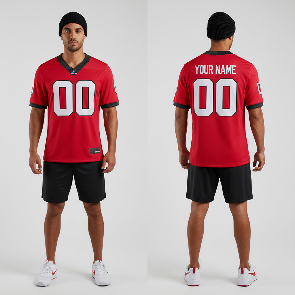 Front and back view of Custom Red-Black College Football Game Jersey with Personalized Name and Number – Athletrio