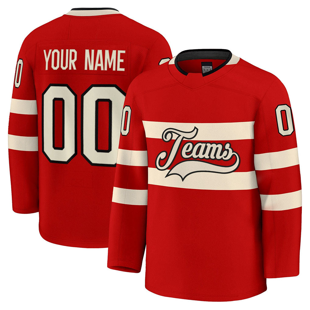 Angled view of Custom Red Black-Cream Hockey Jersey – Designed By Athletrio