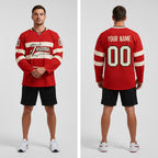 Front and back view of Custom Red Black-Cream Hockey Jersey with Personalized Name and Number – Athletrio