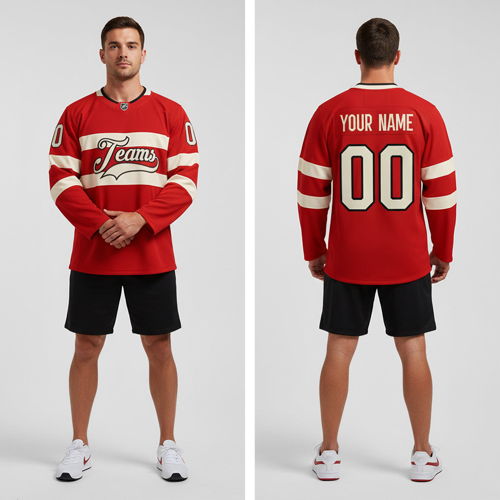 Front and back view of Custom Red Black-Cream Hockey Jersey with Personalized Name and Number – Athletrio