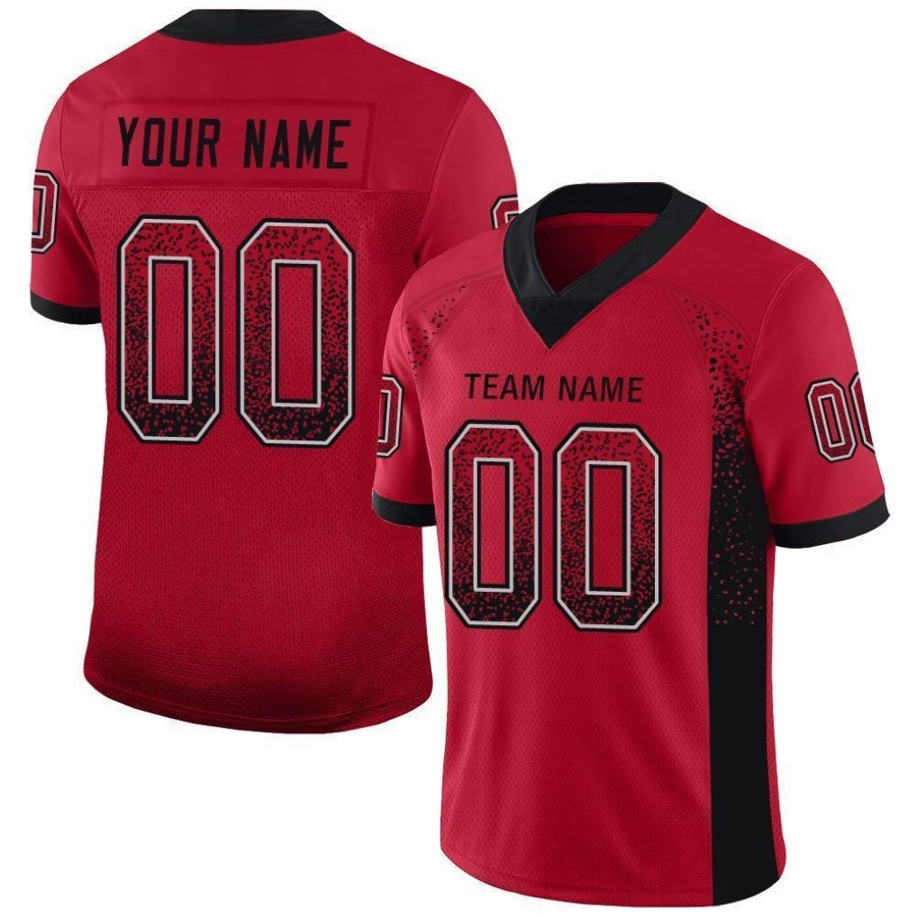 Angled view of Custom Red Black-Gray Drift Football Jersey – Designed By Athletrio