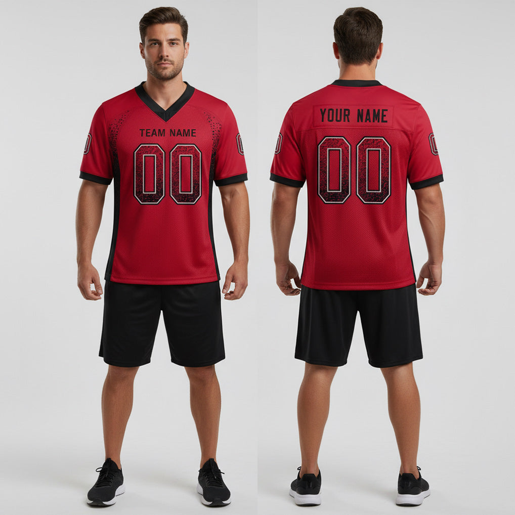 Front and back view of Custom Red Black-Gray Drift Football Jersey with Personalized Name and Number – Athletrio