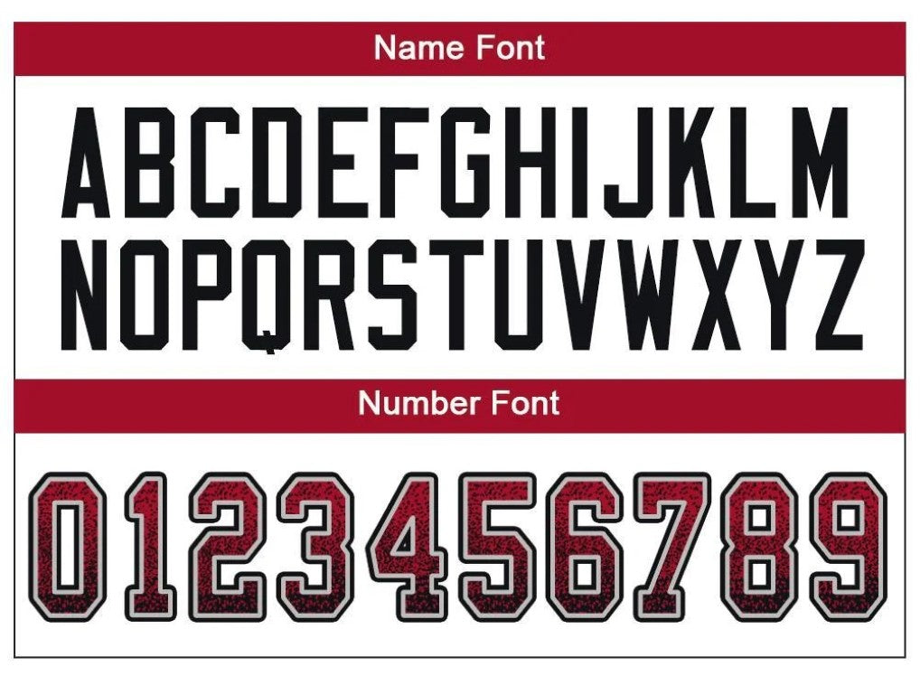 Player name and number font options for Custom Red Black-Gray Drift Football Jersey