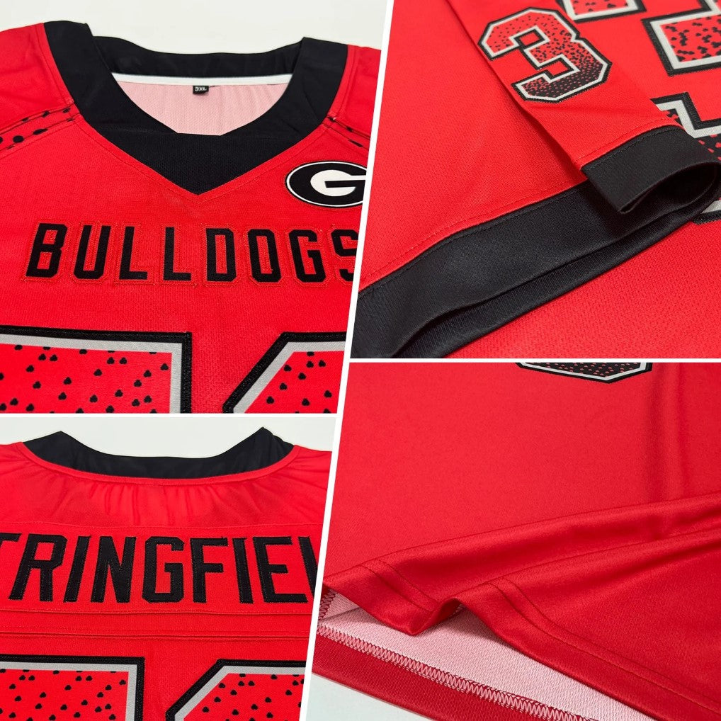 Product details stitched of Custom Red Black-Gray Drift Football Jersey showing stitched logos, fabric and customization options By Athletrio
