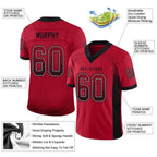Product details of Custom Red Black-Gray Drift Football Jersey showing stitched logos, fabric and customization options By Athletrio