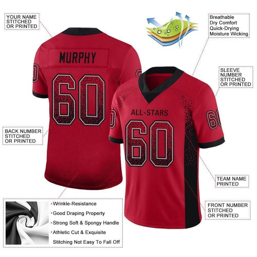 Product details of Custom Red Black-Gray Drift Football Jersey showing stitched logos, fabric and customization options By Athletrio