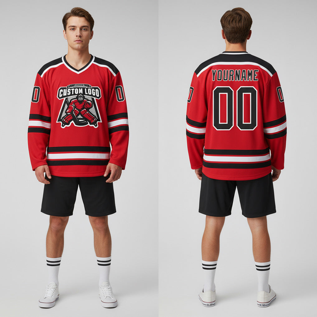 Front and back view of Custom Red-Black Hockey Jersey with Personalized Name and Number – Athletrio
