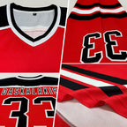 Product details stitched of Custom Red-Black Hockey Jersey showing stitched logos, fabric and customization options By Athletrio