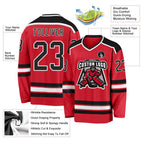 Product details of Custom Red-Black Hockey Jersey showing stitched logos, fabric and customization options By Athletrio
