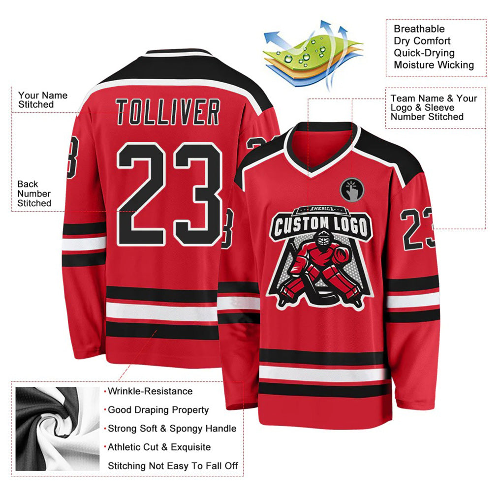 Product details of Custom Red-Black Hockey Jersey showing stitched logos, fabric and customization options By Athletrio